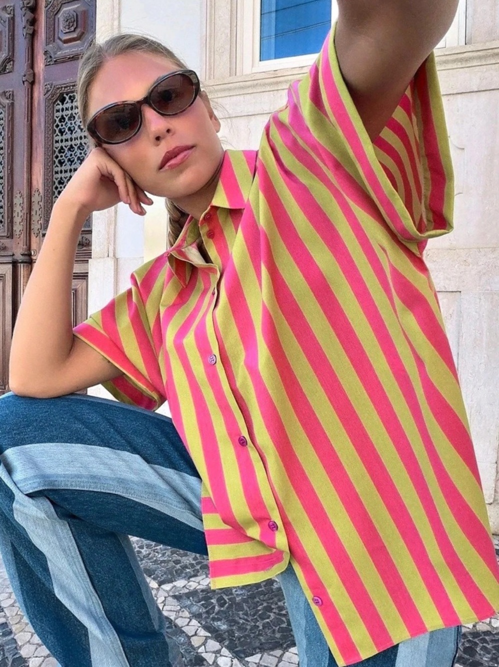 Zara Striped Short Sleeve Button Down in Pink & Greenish Gold -new with tags cur